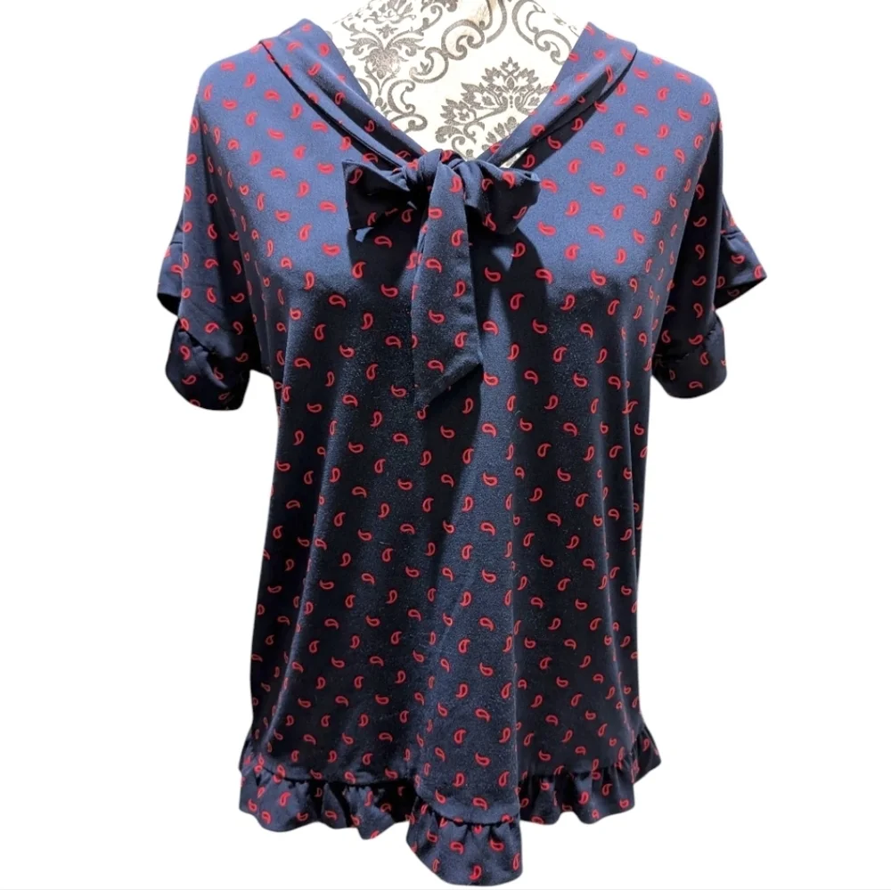 Michael Michael Kors Top Dark Coquette Y2K Womens S Ruffle Bow Feminine Navy Red - Picture 2 of 10